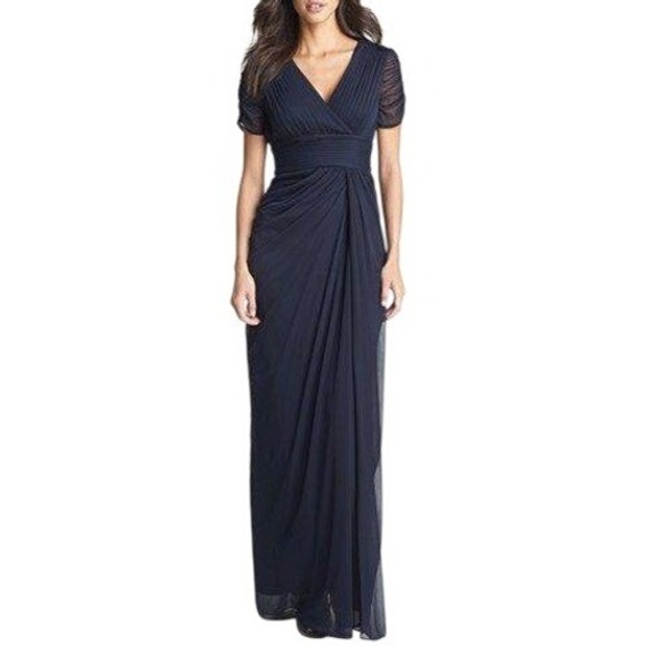 Adrianna Papell Dresses & Skirts - Adrianna Papell Navy Ruched Mesh V-Neck Draped Maxi Formal Evening Gown Dress 10